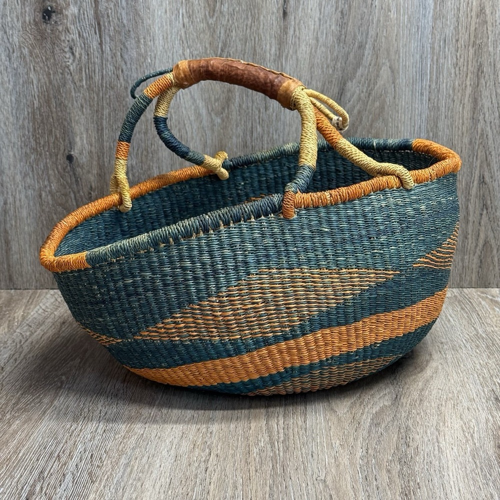 Woven African Bolga Ghana Market Basket Large Leather Handle - Picture 6 of 16